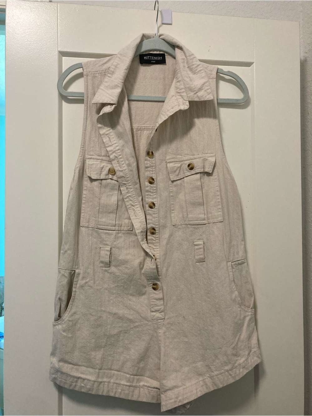 Kittenish Natural Beige Utility Sleeveless Button-Front Tunic